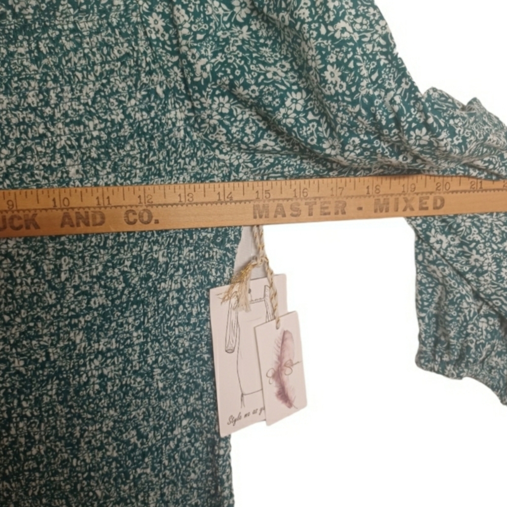 JESSICA SIMPSON Floral Teal Green White Smocked Stretchy Ruching Mini Dress NWT - Picture 6 of 8
